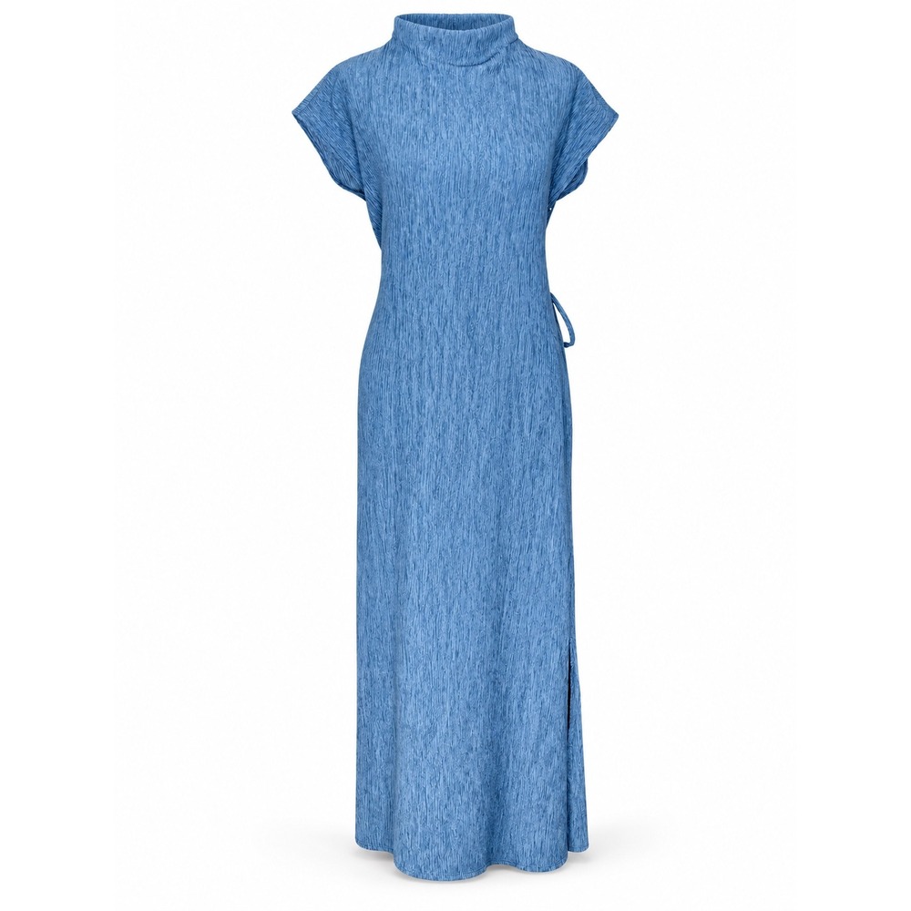 Eileen Fisher Maxi Dress XS Blue Plisse Funnel Neck Quiet Luxury Wedding Guest